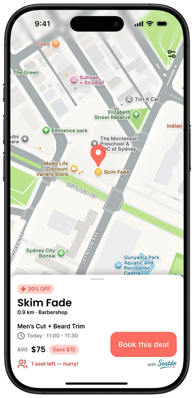 Seatdo Deals mobile screen showing discounted barber slot